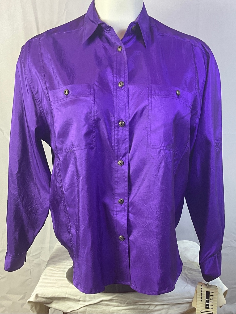 Leslie Fay Vintage Shimmer Purple Button Down Long Sleeve Dress Shirt Size 16